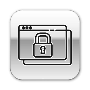 Siyah çizgi HTTPS ve SSL simgeleri ile sitenizi emniyete alın. İnternet iletişim protokolü. Gümüş kare düğme. Vektör.