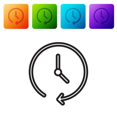 Siyah çizgi saat simgesi beyaz arkaplanda izole edildi. Zaman sembolü. Renkli kare düğmelerle simgeleri ayarla. Vektör.