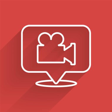 Beyaz çizgi kamerası ve konum simgesi uzun gölgeli izole edilmiş. Vektör.