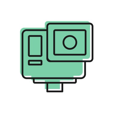 Siyah çizgi Eylem ekstrem kamera simgesi beyaz arkaplanda izole edildi. Ekstrem sporları çekmek için video kamera ekipmanı. Vektör.