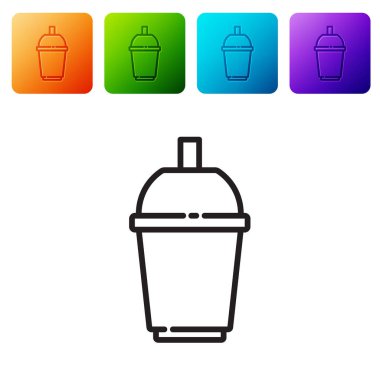 Siyah çizgi kahve fincanı beyaz arka planda izole edilmiş bir ikon haline gelecek. Renkli kare düğmelerle simgeleri ayarla. Vektör.