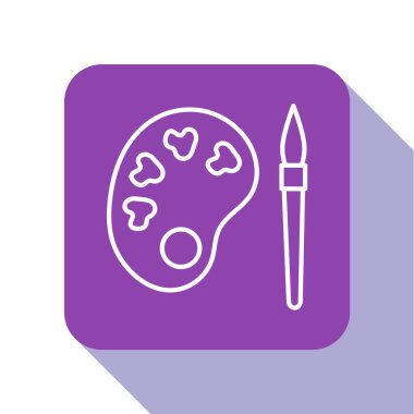 Beyaz arkaplan üzerinde palet simgesi olan beyaz çizgi boya fırçası. Mor kare düğme. Vektör.