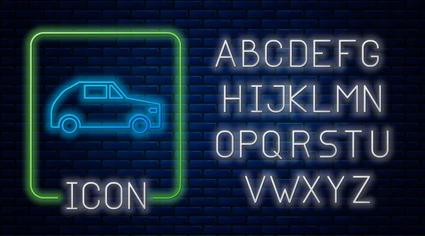 Gloeiende Neon Car Icoon Geïsoleerd Baksteen Muur Achtergrond Neon Licht — Stockvector