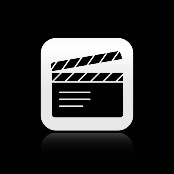 黑色电影拍手图标隔离在黑色背景 电影拍板 板上的标志 电影制作或媒体行业 银方按钮 — 图库矢量图片