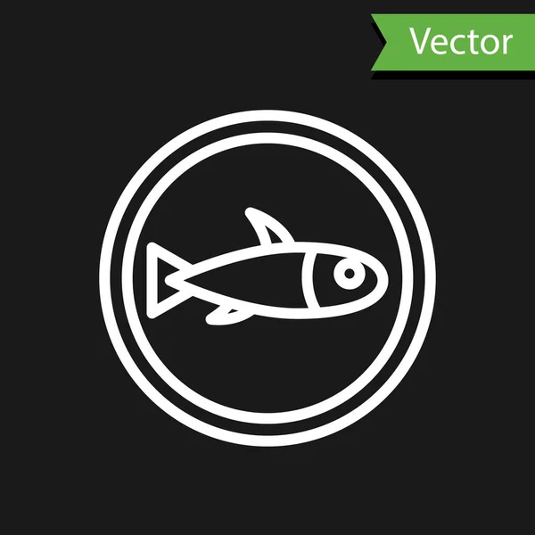 Línea Blanca Sirve Pescado Icono Placa Aislado Sobre Fondo Negro — Vector de stock