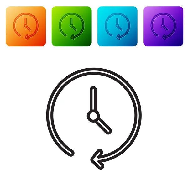 白い背景に黒い線時計のアイコンが隔離されています 時間の象徴だ カラースクエアボタンにアイコンを設定します ベクトル — ストックベクタ