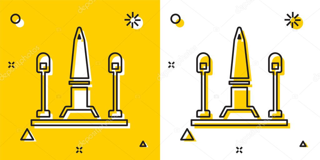 Black Place De La Concorde in Paris, France icon isolated on yellow and white background. Random dynamic shapes. Vector.