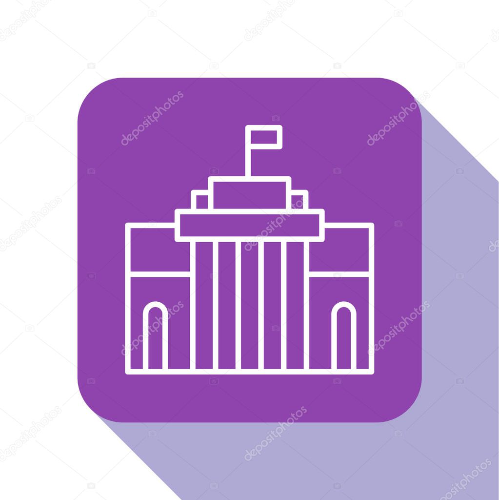 White line Prado museum icon isolated on white background. Madrid, Spain. Purple square button. Vector.
