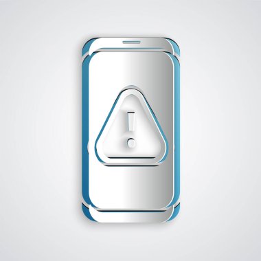 Gri zemin üzerinde ünlem işareti simgesi olan kağıt kesiği cep telefonu. Uyarı mesajı akıllı telefon uyarısı. Kağıt sanatı tarzı. Vektör İllüstrasyonu.