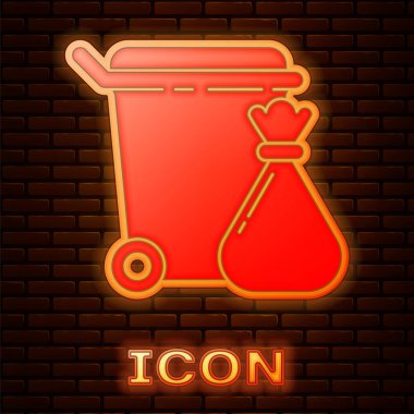 Parlayan neon çöp tenekesi ve çöp torbası ikonu tuğla duvar arkasında izole edilmiş. Çöp kutusu tabelası. Sepet simgesini geri dönüştür. Ofis çöpü ikonu. Vektör İllüstrasyonu.