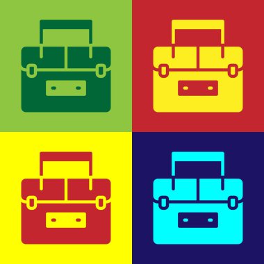 Pop Art Case ya da sallanan kutu kutusu ve renkli arka planda izole edilmiş balıkçılık ekipmanları ikonu. Balık oltası. Vektör.