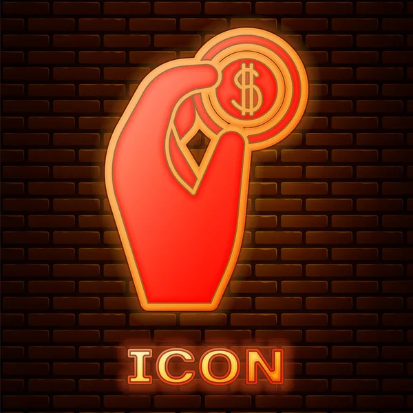 Glowing Neon Hand Holding Coin Money Icon Isolated Brick Wall — Stock Vector