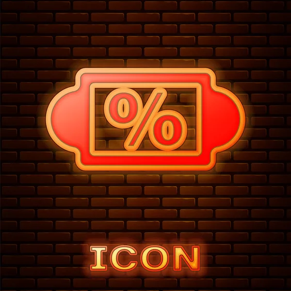 Gloeiende Neon Discount Procent Tag Pictogram Geïsoleerd Baksteen Muur Achtergrond — Stockvector