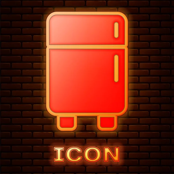 Icono Brillante Del Refrigerador Neón Aislado Fondo Pared Ladrillo Refrigerador — Vector de stock