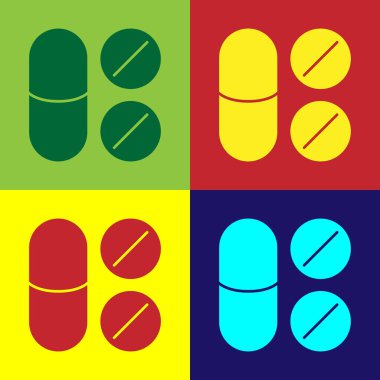 Pop Art Toothache ağrı kesici tablet ikonu renk arkaplanında izole edilmiş. Diş bakımı ilacı. Kapsül hapı ve ilaç. Eczane tasarımı. Vektör.
