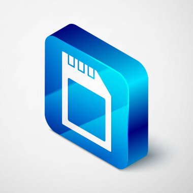 Gri arkaplanda Isometric SD kart simgesi izole edildi. Hafıza kartı. Adaptör simgesi. Mavi kare düğme. Vektör.