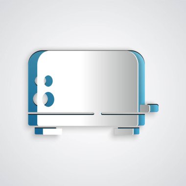 Kağıt kesiği tost makinesi simgesi gri arkaplanda izole edildi. Kağıt sanatı tarzı. Vektör.