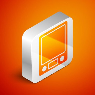 Isometric Elektronik ölçek simgesi turuncu arka planda izole edildi. Ağırlık ölçüm aletleri. Gümüş kare düğme. Vektör.