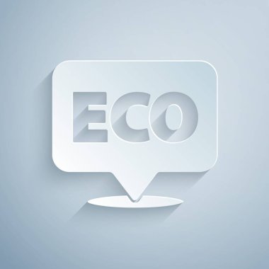 Kağıt kesiği Banner, etiket, etiket, eko yeşil sağlıklı yiyecek simgesi için logo gri arka planda izole edilmiş. Organik ürün. Sağlıklı yemek etiketi. Kağıt sanatı tarzı. Vektör.