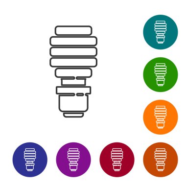 Siyah çizgi LED ampul simgesi beyaz arkaplanda izole edildi. Ekonomik LED ışıklı ampul. Enerji lambasını sakla. Simgeleri renk daire düğmelerine ayarla. Vektör.