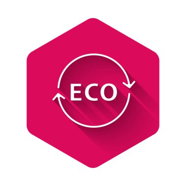 Beyaz Bayrak, etiket, etiket, eko yeşil sağlıklı yiyecek simgesi için logo uzun gölgeli. Organik ürün. Sağlıklı yemek etiketi. Pembe altıgen düğmesi. Vektör.