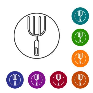 Beyaz arka planda siyah çizgi bahçe yabası ikonu izole edildi. Bahçe çatalı işareti. Bahçecilik, tarım, çiftçilik aleti. Simgeleri renk daire düğmelerine ayarla. Vektör.