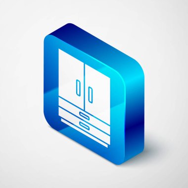 Gri arkaplanda Isometric Gardırop simgesi izole edildi. Mavi kare düğme. Vektör.