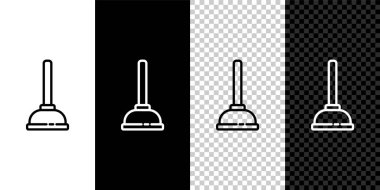 Siyah beyaz arka planda izole edilmiş boru temizleme ikonu için ahşap saplı kauçuk pompayı ayarla. Tuvalet pompası. Vektör İllüstrasyonu.