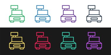 Siyah ve beyaz arka planda izole edilmiş bir çek simgesine sahip yazar kasa makinesini ayarla. Kasiyer tabelası. Tabut sembolü. Vektör İllüstrasyonu.