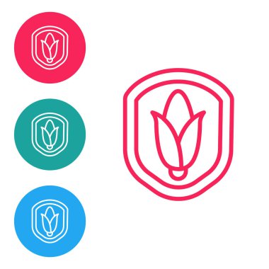 Beyaz arka planda izole edilmiş kırmızı çizgi kalkan mısır ikonu. Güvenlik, güvenlik, koruma, gizlilik kavramı. Simgeleri daire düğmelerine ayır. Vektör.