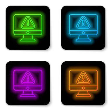 Beyaz arkaplanda izole edilmiş ünlem işareti simgesi olan parlak neon hattı bilgisayar monitörü. Uyarı mesajı akıllı telefon uyarısı. Siyah kare düğme. Vektör.