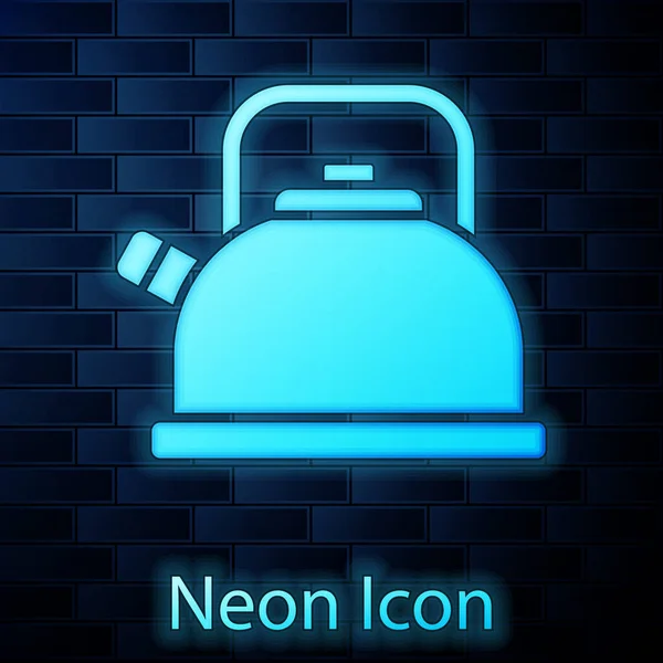 Leuchtende Neon Wasserkocher Mit Griff Symbol Isoliert Auf Backsteinwand Hintergrund — Stockvektor