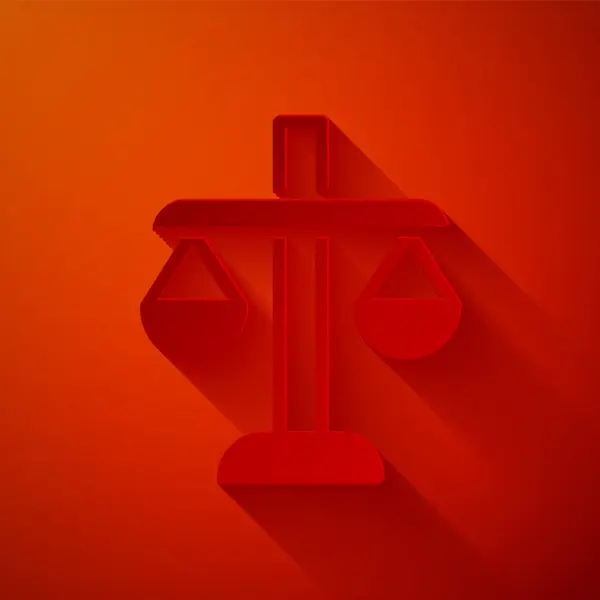 剪纸刻度正义图标孤立在红色背景 法院的象征 天平标志造纸艺术风格 — 图库矢量图片