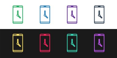 Satır Alarm saati uygulaması akıllı telefon arayüzü simgesini siyah ve beyaz arkaplanda izole et. Vektör.