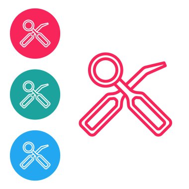 Kırmızı çizgi Diş Teftişi aynası ve beyaz arkaplanda izole edilmiş ölçeklendirici simgesi. Diş muayenesi. Simgeleri daire düğmelerine ayır. Vektör.