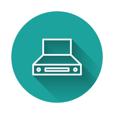 Beyaz çizgi Mutfak sökücü fan ikonu uzun gölgeli izole edilmiş. Mutfak kaputu. Mutfak egzozu. Ev aletleri. Yeşil daire düğmesi. Vektör.