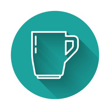 Beyaz çizgi kahve fincanı ikonu uzun gölgeli. Çay fincanı. Sıcak içecek kahvesi. Yeşil daire düğmesi. Vektör.