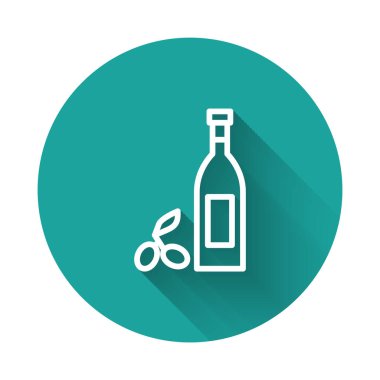 Uzun gölgeli beyaz çizgi zeytinyağı ikonu. Zeytinyağı ikonlu sürahi. Yeşil daire düğmesi. Vektör.