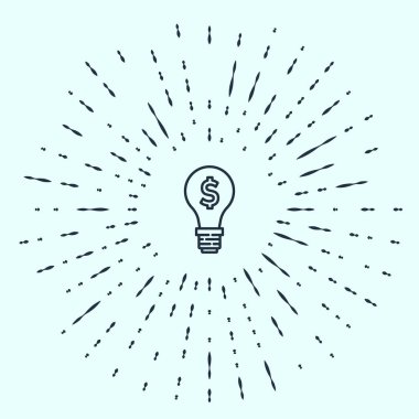 Gri arkaplanda dolar sembolü olan siyah çizgi lambası. Para fikir üretir. Fintech yenilik konsepti. Soyut çember rastgele noktalar. Vektör.