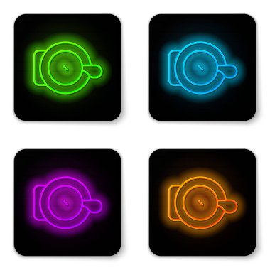 Parlayan neon hattı bisiklet çanı simgesi beyaz arkaplanda izole edildi. Siyah kare düğme. Vektör.