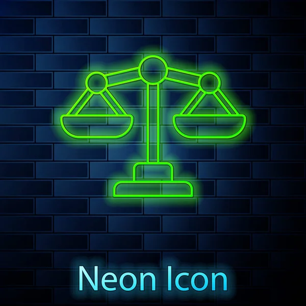 Glödande Neon Linje Vågar Rättvisa Ikon Isolerad Tegelvägg Bakgrund Domstolens — Stock vektor