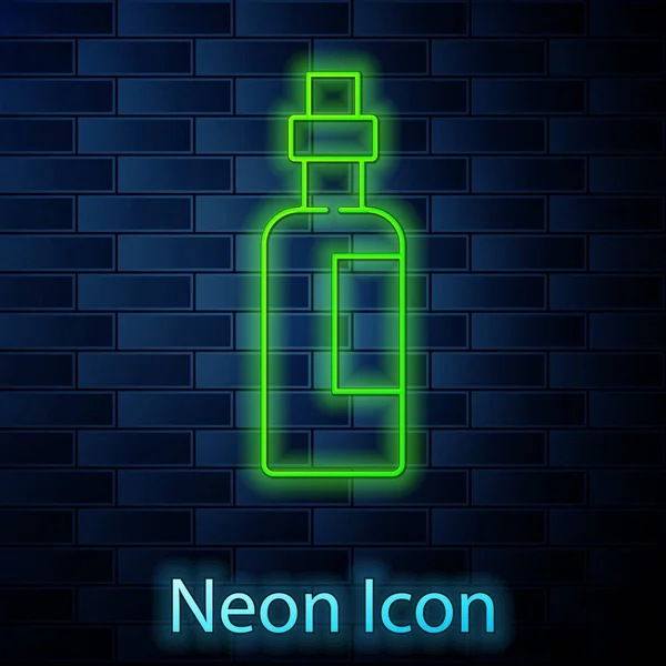Leuchtende Neon Linie Flasche Mit Olivenöl Symbol Isoliert Auf Backsteinwand — Stockvektor
