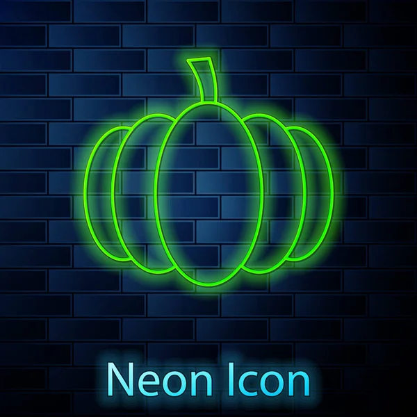 Gloeiende Neon Lijn Pompoen Pictogram Geïsoleerd Baksteen Muur Achtergrond Gelukkig — Stockvector