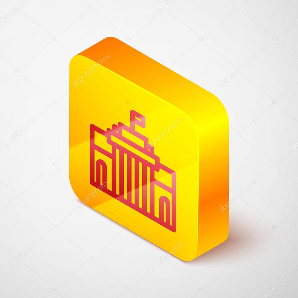 Isometric line Prado museum icon isolated on grey background. Madrid, Spain. Yellow square button. Vector.