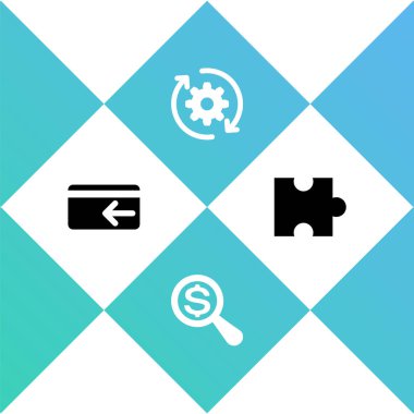 Cash 'i, büyüteç ve doları, vites oklarını iş akışını ve yapboz simgesini geri al. Vektör.