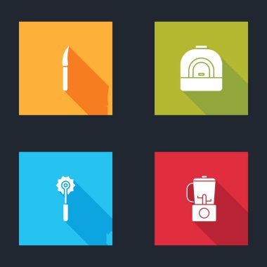 Set Bıçağı, Fırın, Pizza bıçağı ve Blender simgesi. Vektör.