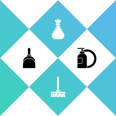 Faraş, süpürge, çöp torbası ve bulaşık deterjanı ikonu hazırla. Vektör.