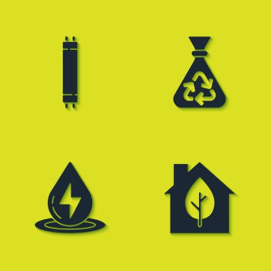 Floresan lamba, çevre dostu ev, su enerjisi ve geri dönüşüm ikonlu çöp torbası ayarla. Vektör.