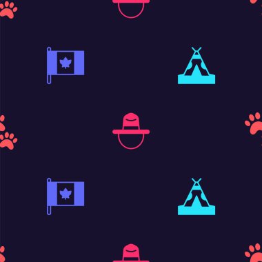 Kızılderili çadırı ya da çadır, Kanada bayrağı, Kanadalı korucu şapkası ve pati desenli iz. Vektör.