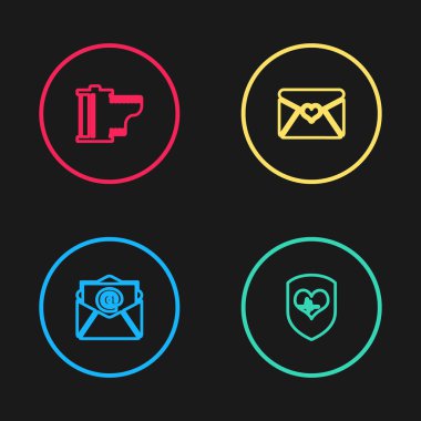 Posta, e-posta, Shield kalp atış hızı, Valentine ve Camera film rulo ikonu. Vektör.
